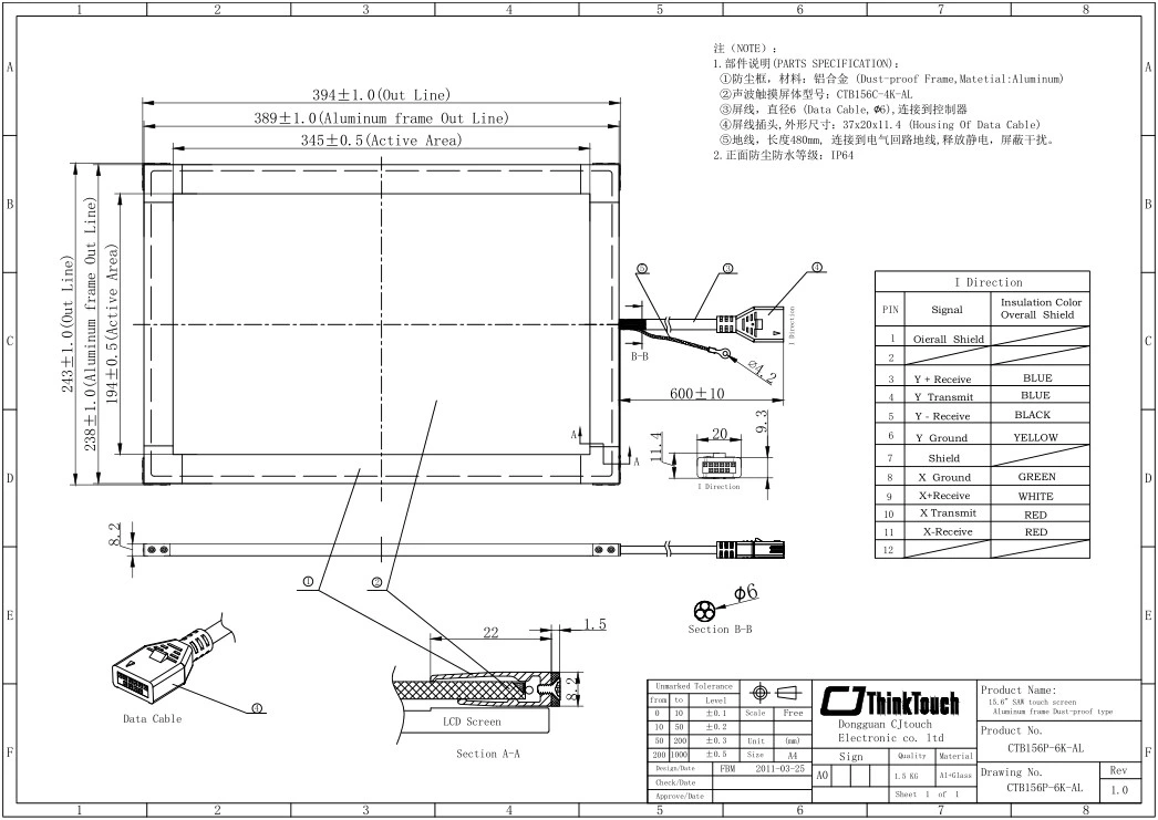 Cjtouch 15.6&quot; Saw Touch Screen with USB RS232 Cable Touch Panel Kits Anti-Vandal Hitech Kiosk Touchscreen