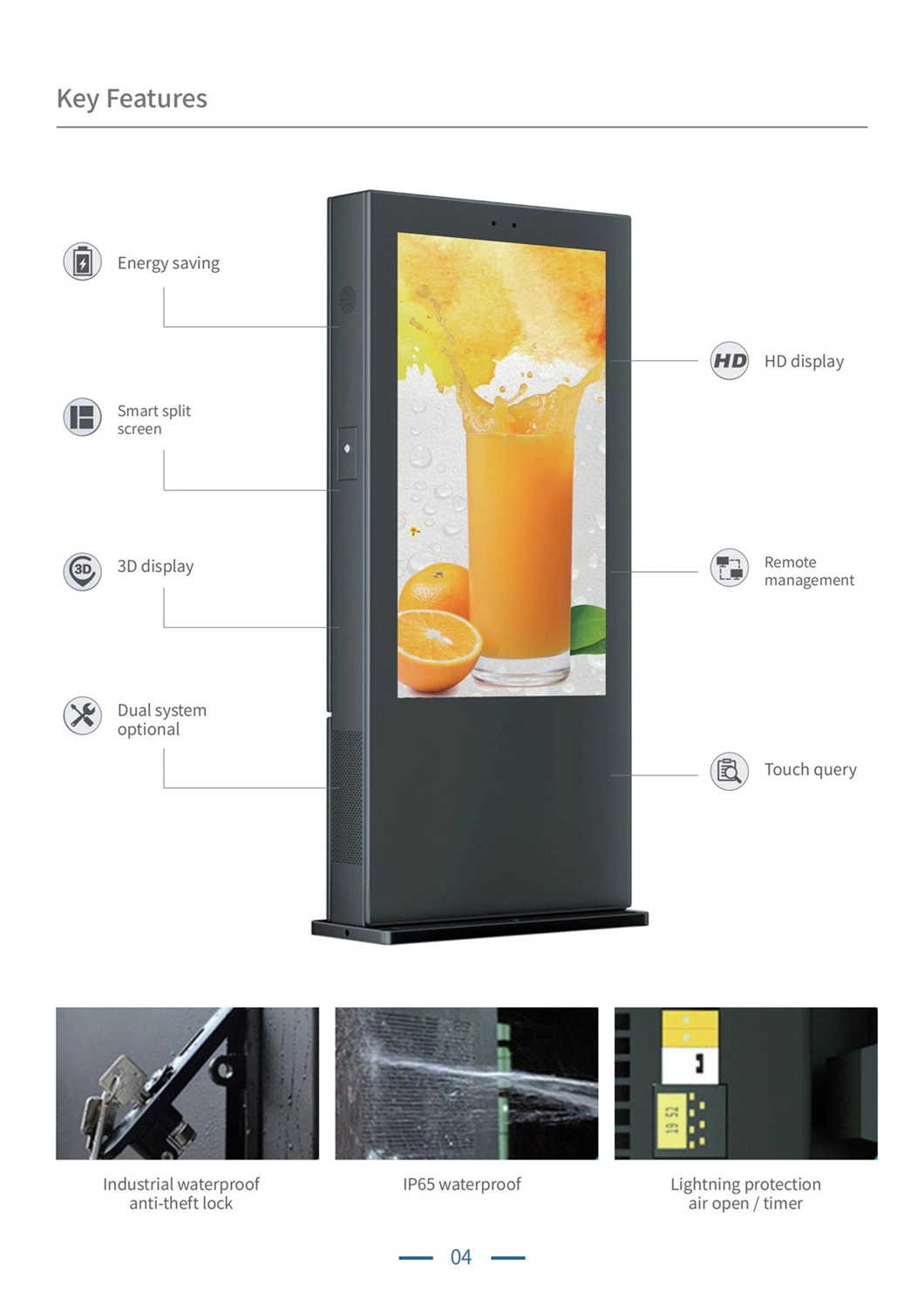 Shenzhen High Bright Freestanding Android 65&quot; Signage LCD Machine Outdoor Digital Advertising Screen