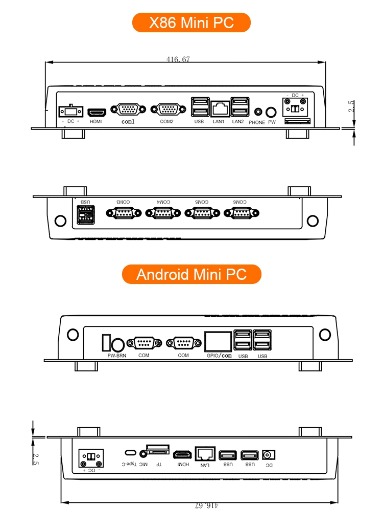 Aluminum Alloy Built in Gpio RS485 Quad Core 1.8GHz Rk3288 Rk3399 Android Fanless Industrial Computer 12V