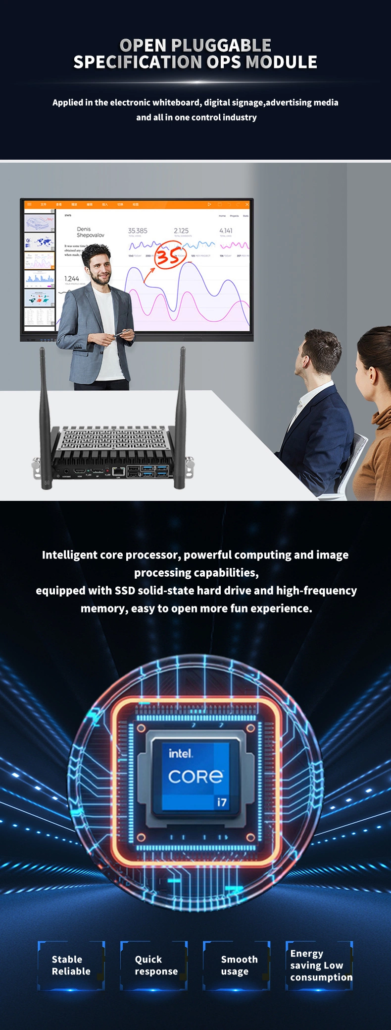 I3 I5 I7 Built in PC Computer Support Whiteboard Writing Wireless Screen Transfer Other Local and Remote Meeting Functions OPS