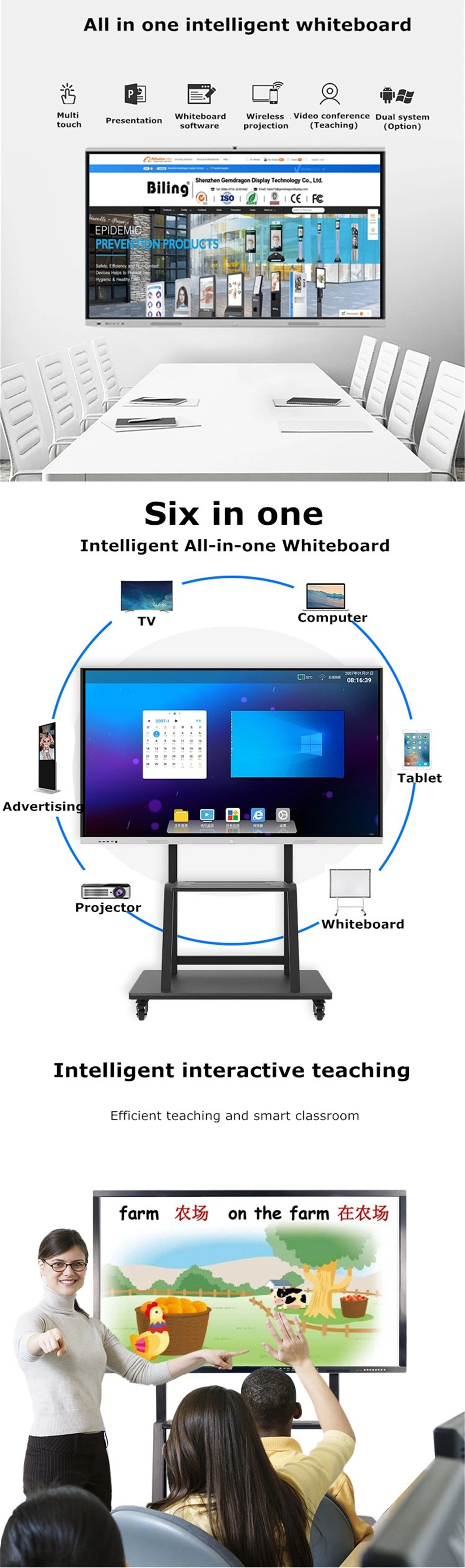 55 65inch Electronic Smartboard Big LCD Display Price TV All in One Digital Smart White Board Flat Panel Whiteboard Interactive Touch Screen