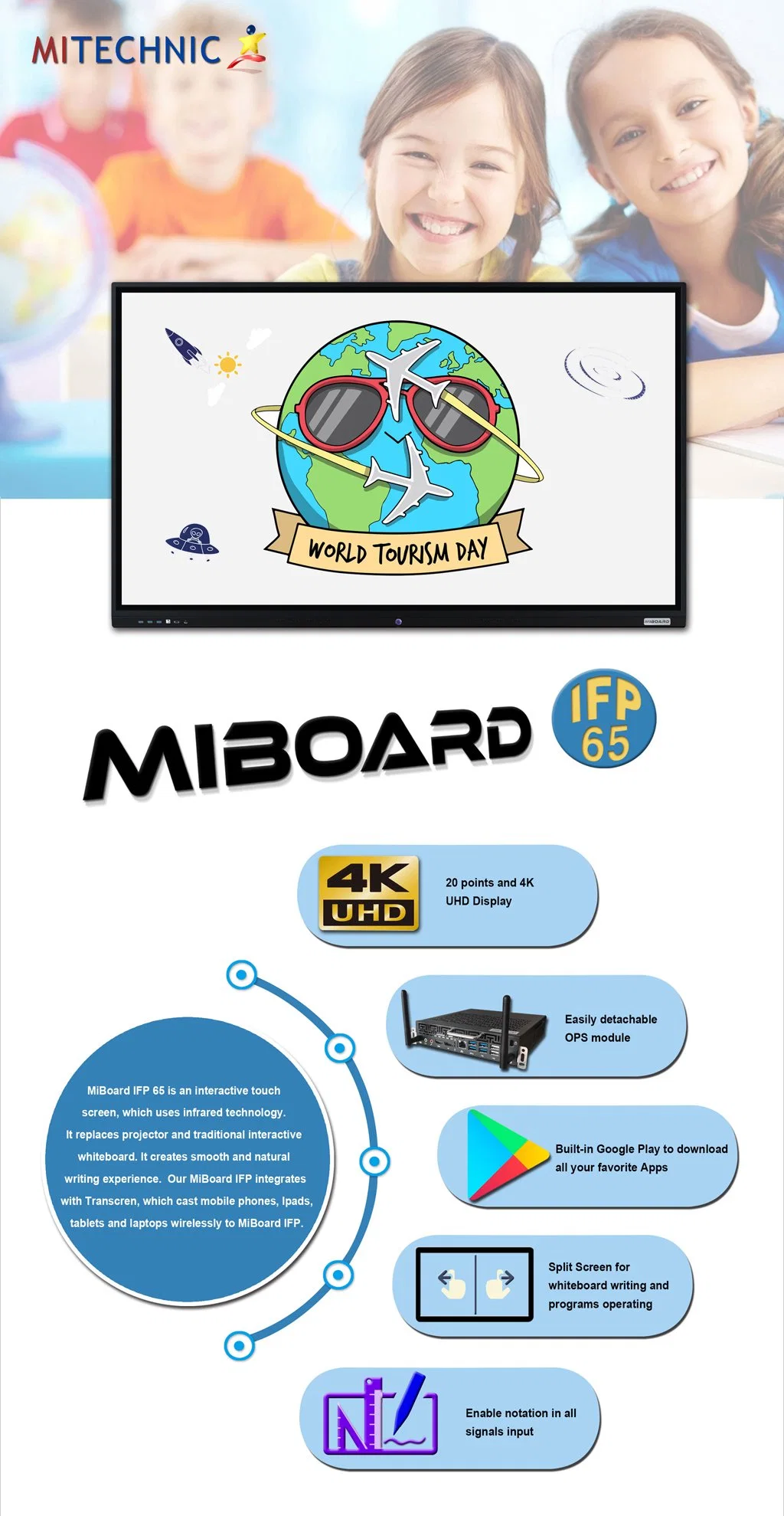 65&quot; 4K Panel Infrared LED Touch Computer Touch Interactive Flat Display Smart Board Miboard Kiosk Conference Whiteboard LCD Screen for Teaching Meeting