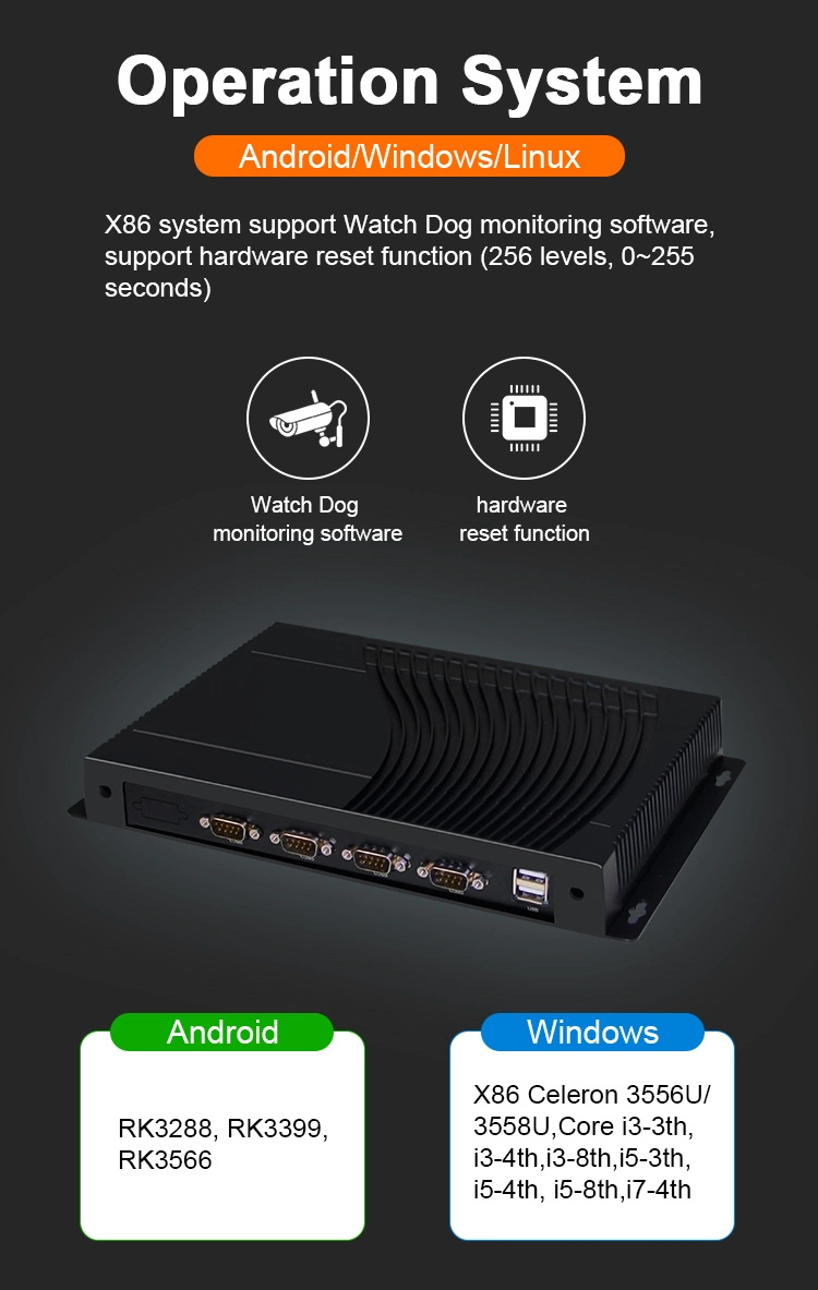 Aluminum Alloy Built in Gpio RS485 Quad Core 1.8GHz Rk3288 Rk3399 Android Fanless Industrial Computer 12V