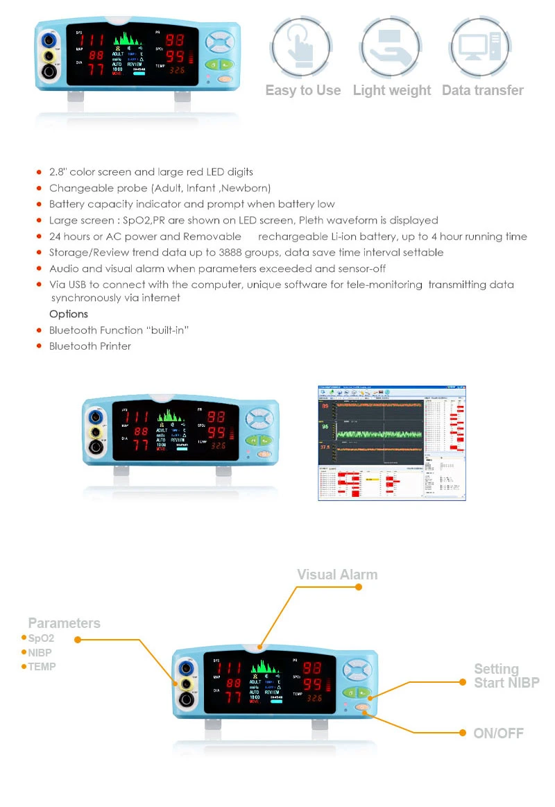 Vital Signs Monitor of 4 Parameters (NIBP, SpO2, PR, Temperature)