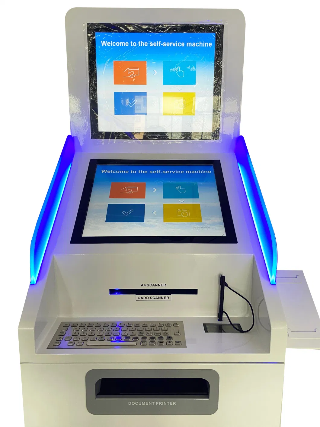 Dual Screen 19 Inch LCD Touch Screen A4 Doucument Scan and Print Kiosk with Color Printing and Metal Keyboard