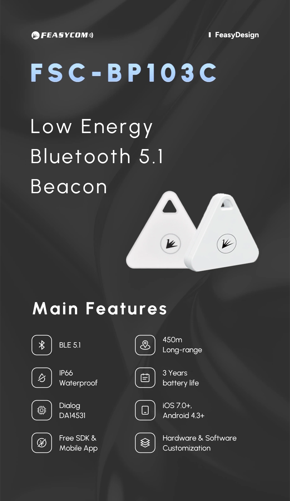 Feasycom Bluetooth 5.1 Positioning Dialog Da14531 Wearable Smart Tag Waterproof IP66 Mini BLE Beacon Device