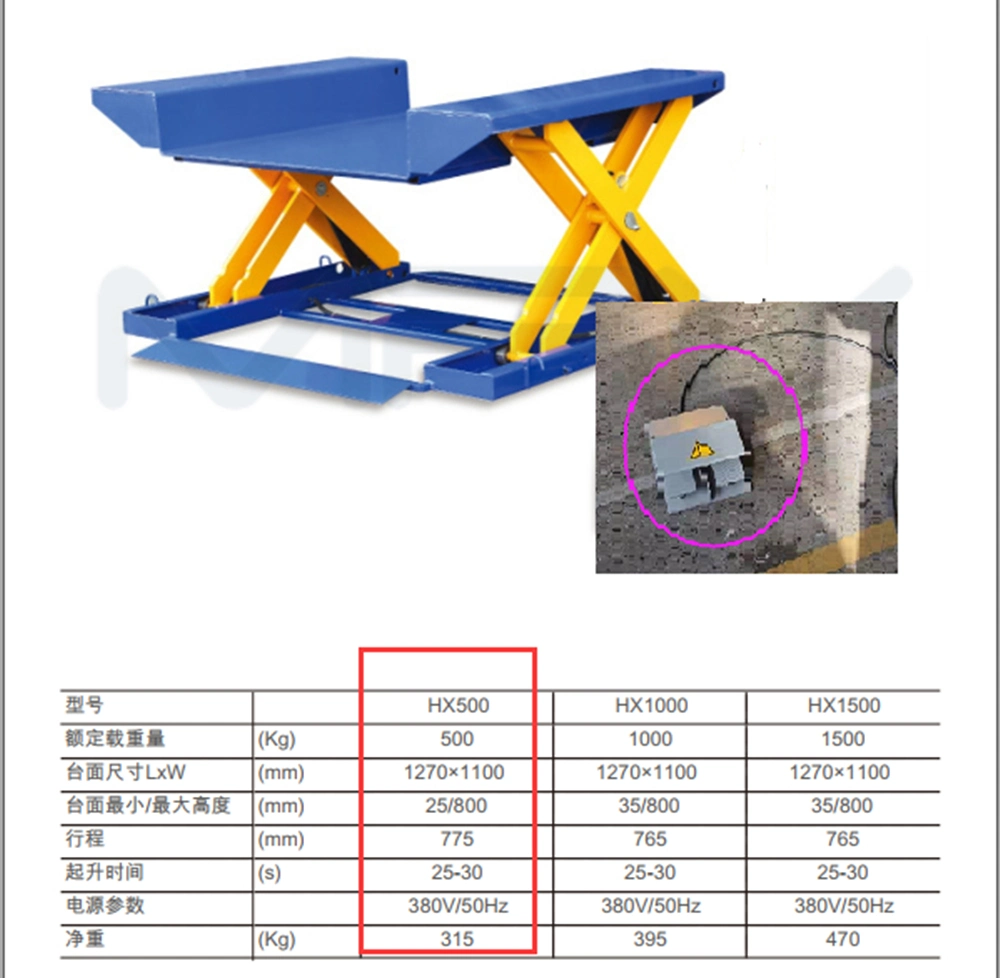 500kg 1000kg 1500kg Electric Scissor Lift Hydraulic Lift Table Zero Level Lifting Platform