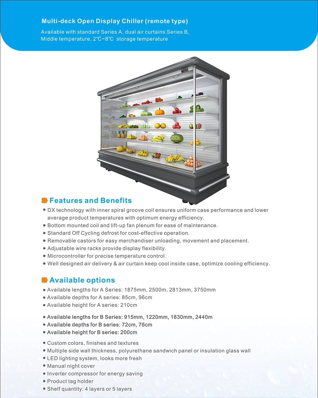 Supermarket 2 to 4 Meter Multi-Deck Open Display Cabinet for Chilling Fruit Drinking