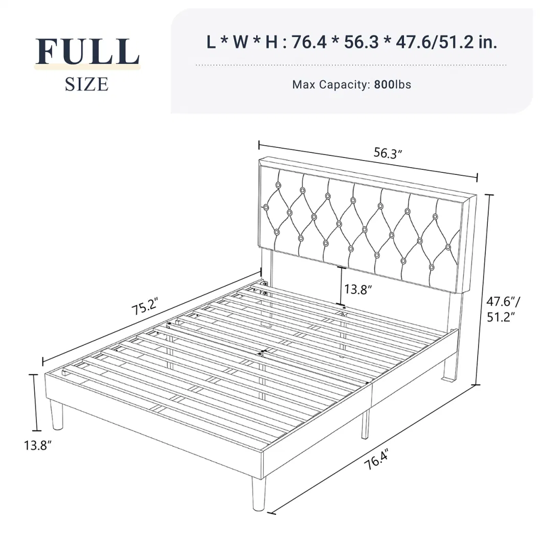 Queen Size Button Tufted Platform Bed Frame/Fabric Upholstered Bed Frame with Adjustable Headboard/Wood Slat Support/Mattress Foundation