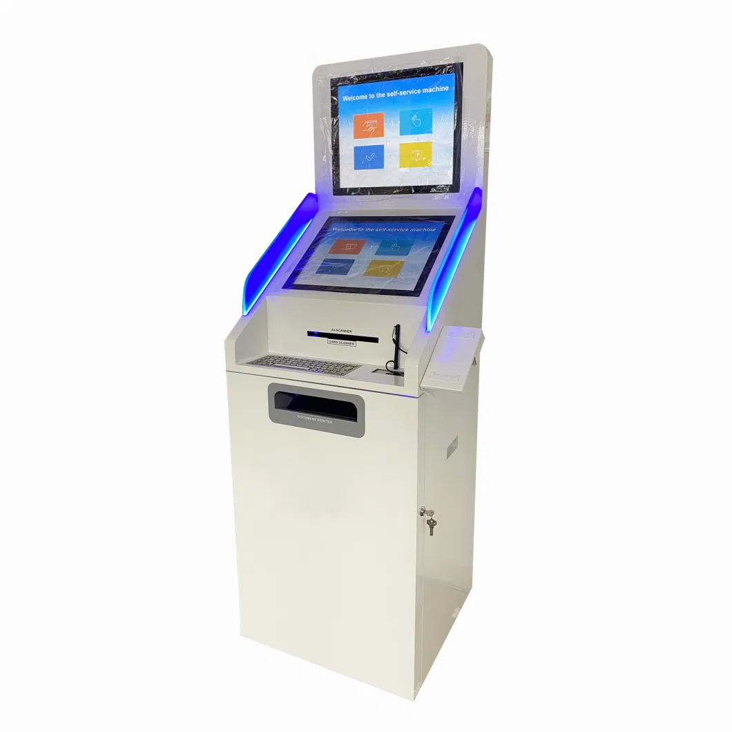 Dual Screen 19 Inch LCD Touch Screen A4 Doucument Scan and Print Kiosk with Color Printing and Metal Keyboard