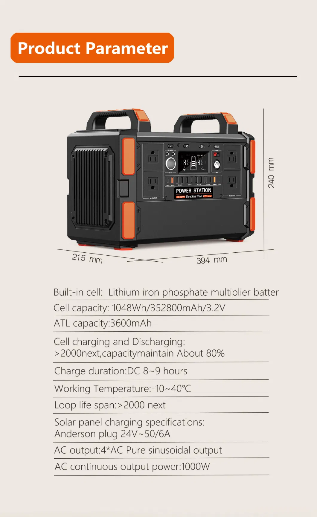 Solar Generator 1000W 1048wh Backup Lithium Battery 110V/1000W Pure Sine Wave AC Outlet Solar Generator for Outdoors Camping Travel Hunting Emergency