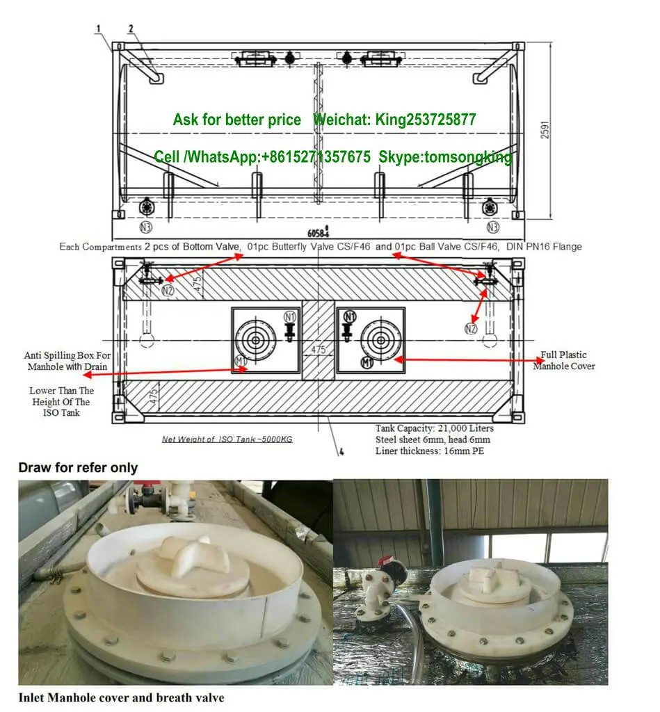 Naoh ISO Tank Lined LLDPE (20FT 21000 Liter, 40FT 40000 Liter) Hydrogen Peroxide 30% Hydrofluoric Acid 48% Storage and Road Transport