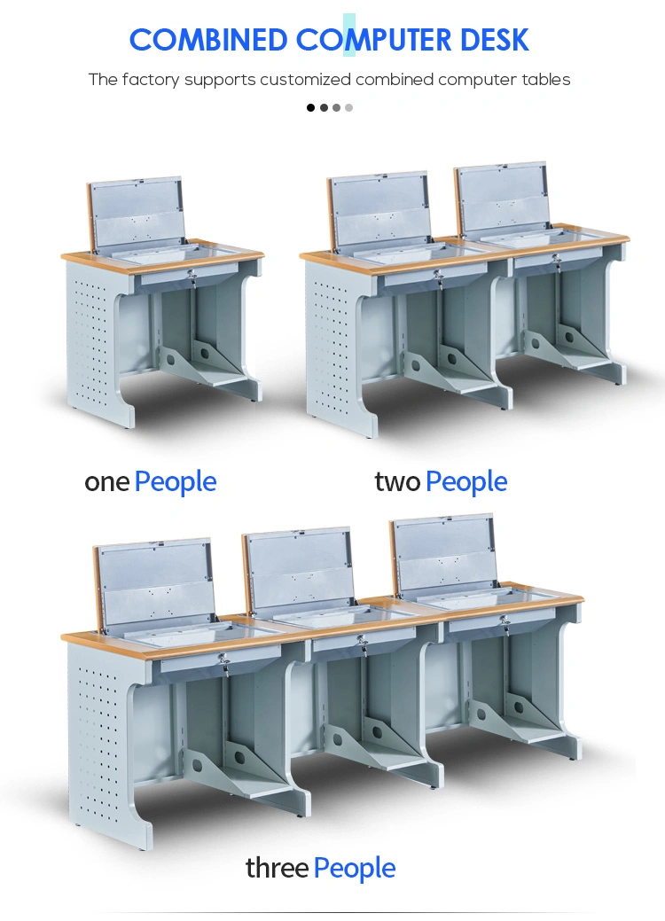 Multimedia Classroom Flip Top Lockable Computer Desk Table Three Seats Monitor Inside Safe Box Table