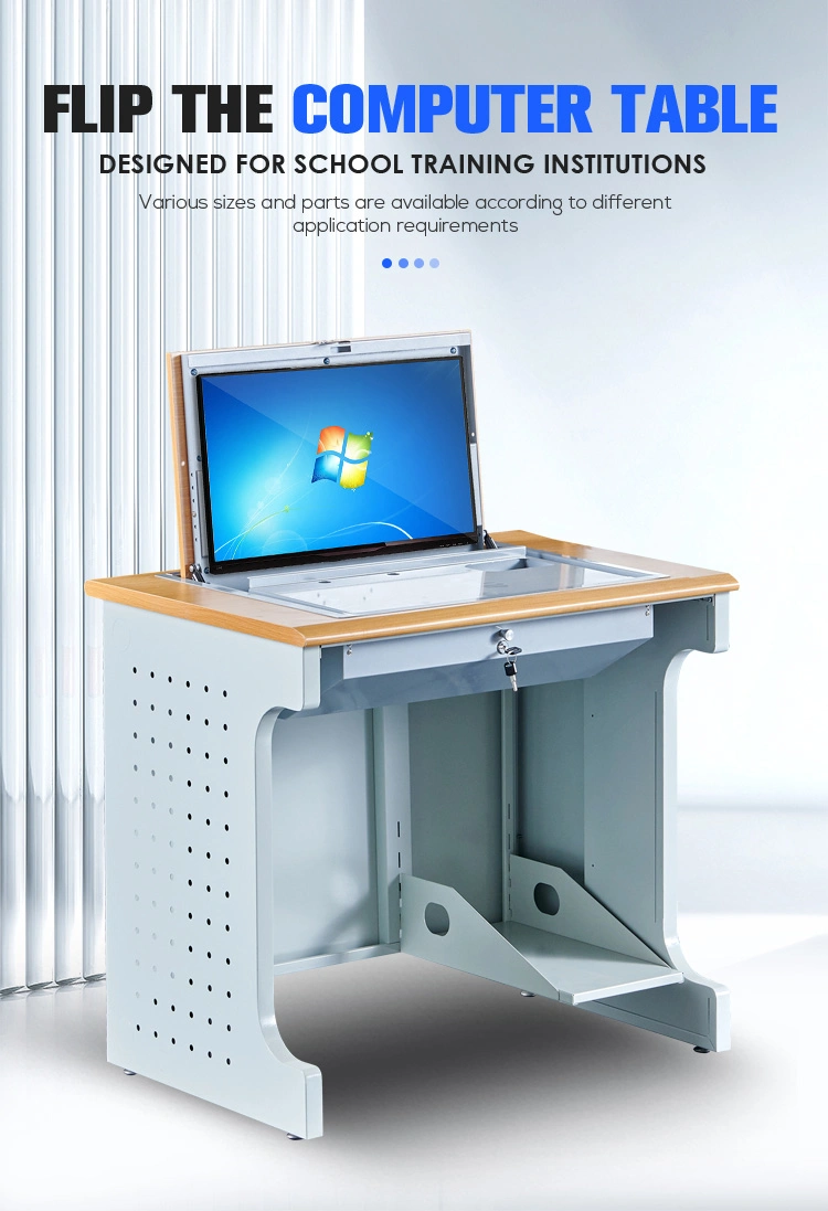 Multimedia Classroom Flip Top Lockable Computer Desk Table Three Seats Monitor Inside Safe Box Table