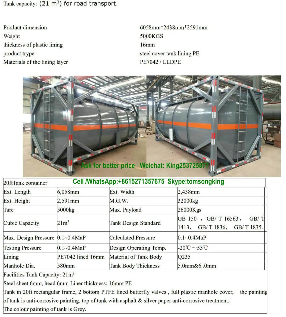 Naoh ISO Tank Lined LLDPE (20FT 21000 Liter, 40FT 40000 Liter) Hydrogen Peroxide 30% Hydrofluoric Acid 48% Storage and Road Transport