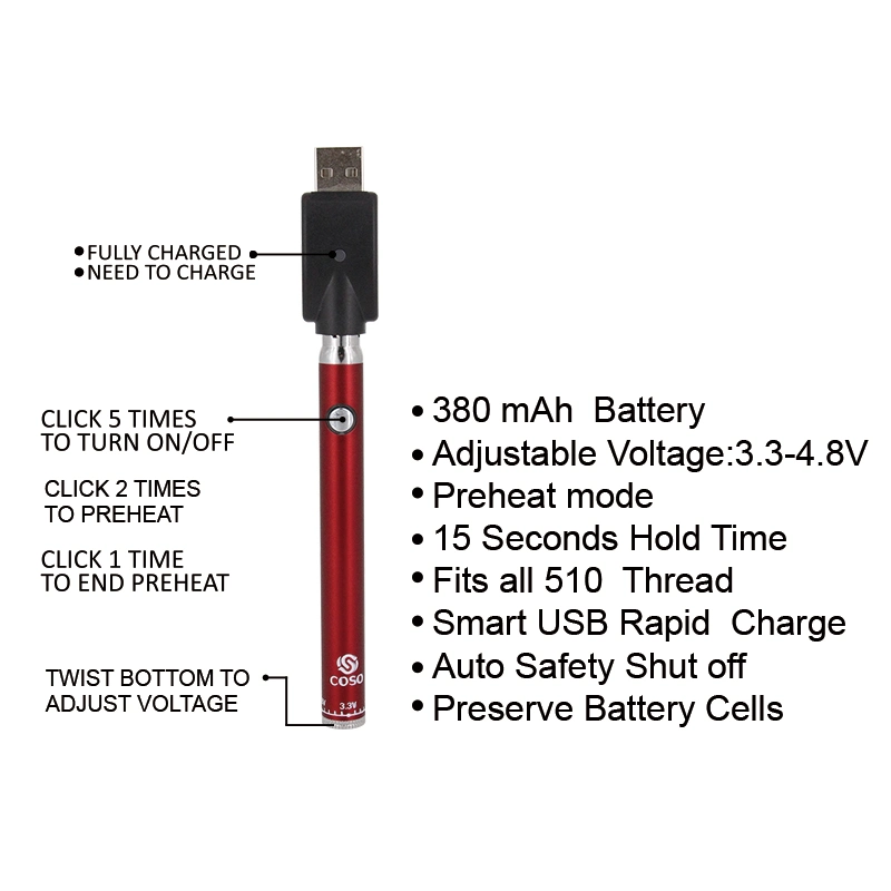 Custom Logo Coso Twist Preheat Vape Pen Battery for 510 Thread Atomizer/Cartridge/Tank