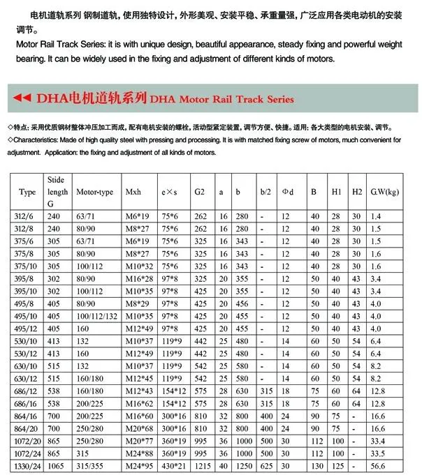 Reliable Quality DHA Motor Rail Track Series 312/6, 312/8, 375/6, 375/8, 375/10, 395/8