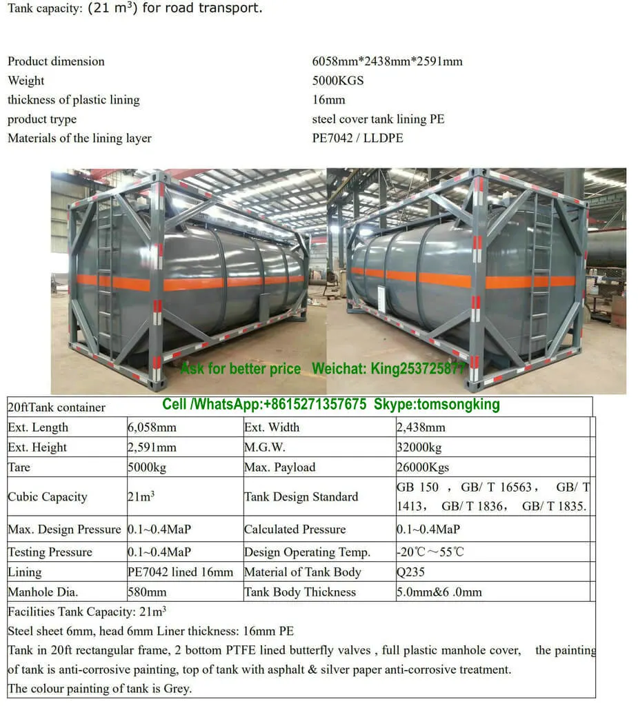 Phosphoric Acid 85% H3po4 ISO Tank Container Steel Lined PE Tank 20FT, 40FT