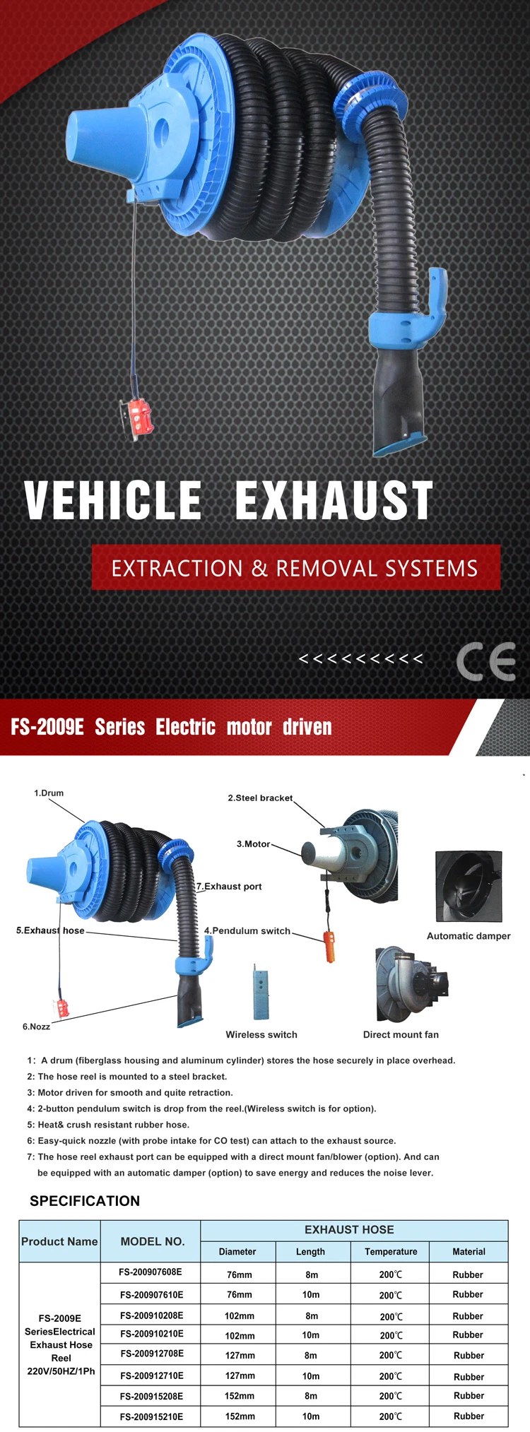 Fs-200915210e Electrical Vehicle Exhaust Removal System with 10m Hose Reels