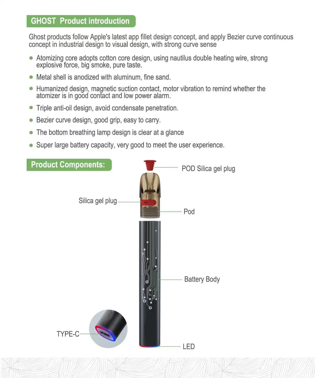 Vibration Design 2ml 650mAh Electric Cigarette Vape Kit Ghost Pod System