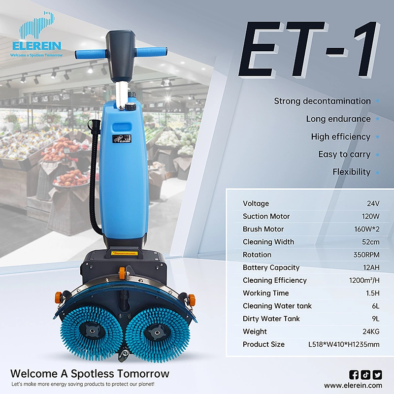 Elerein Et-1 Push-Behind Floor Scrubber for Shopping Mall Office Building Hotel Cleaning with High-Speed Rotating Double Brush