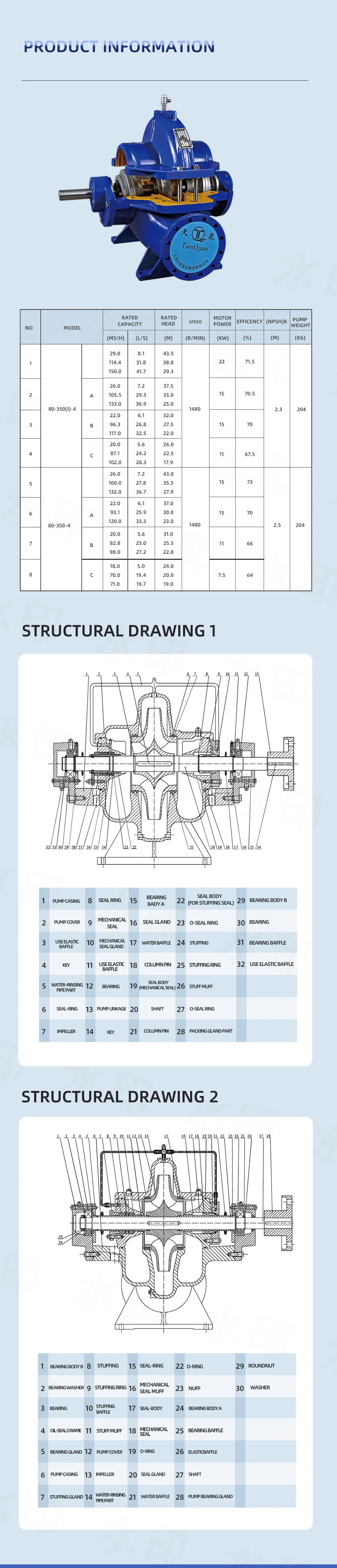 Horizontal Double Suction (double inlet) Split Casing Centrifugal Water Pump DN80 Trademark Tqpumps