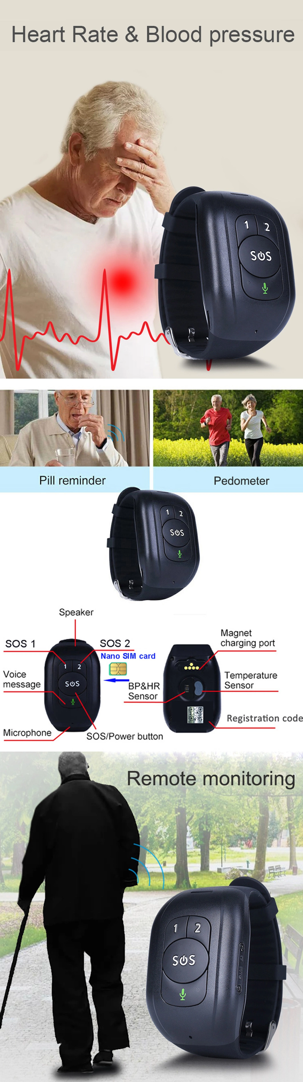 New Developed 4G LTE IP67 Waterproof Removal Alert Smart Tracker Device GPS with Fall Down Alarm Alert Body Temperature Y6T