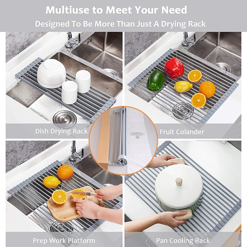 Silicone Roll up Dish Drying Rack Foldable Stainless Steel Over Sink Kitchen Drainer Rack for Cups Fruits Vegetables