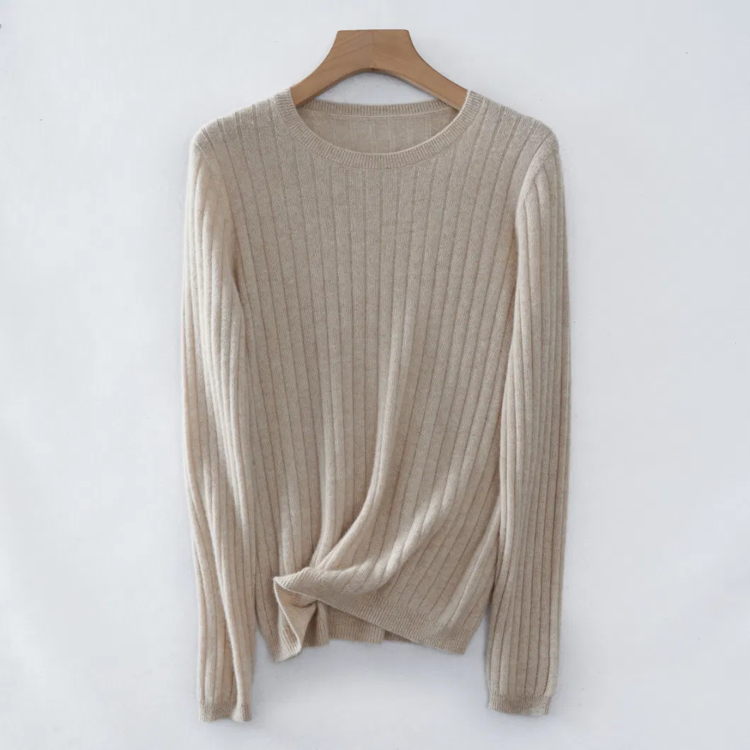 Women Autumn Winter Wide Ribbed Classic Round Neck Wool Cashmere Pullover Sweater