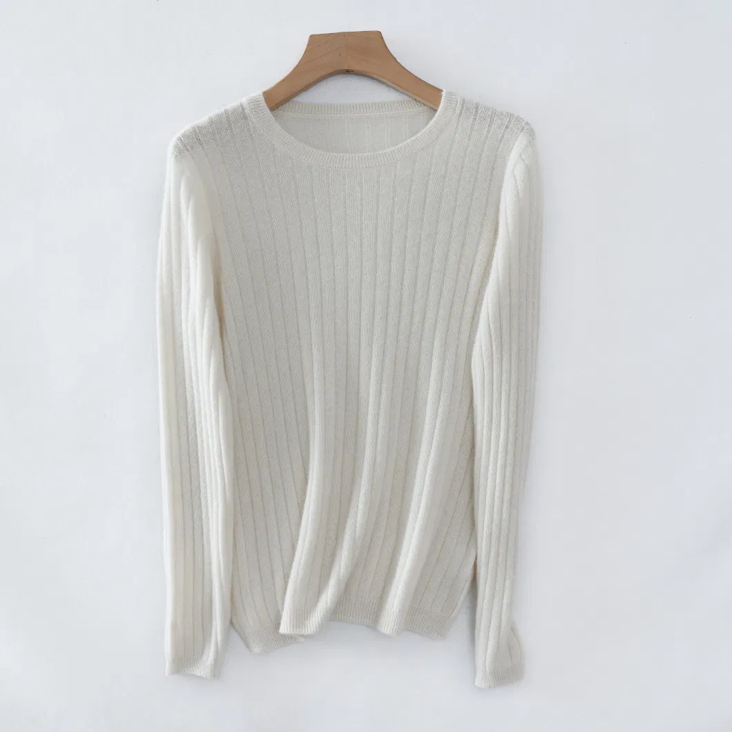 Women Autumn Winter Wide Ribbed Classic Round Neck Wool Cashmere Pullover Sweater