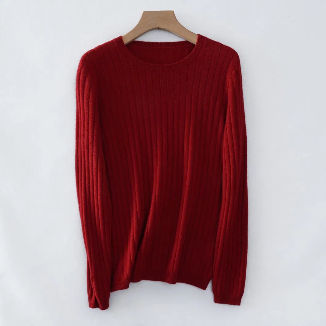 Women Autumn Winter Wide Ribbed Classic Round Neck Wool Cashmere Pullover Sweater