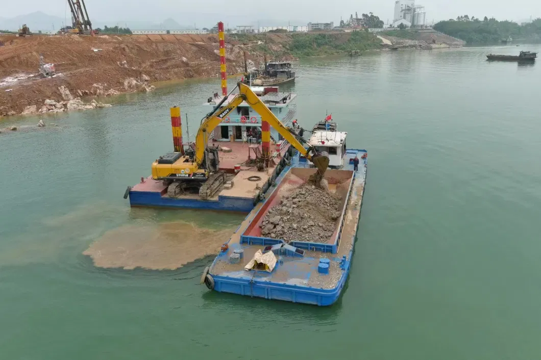 Open Bottom Mud Barge and Excavator Platform for Dredging and Backfilling