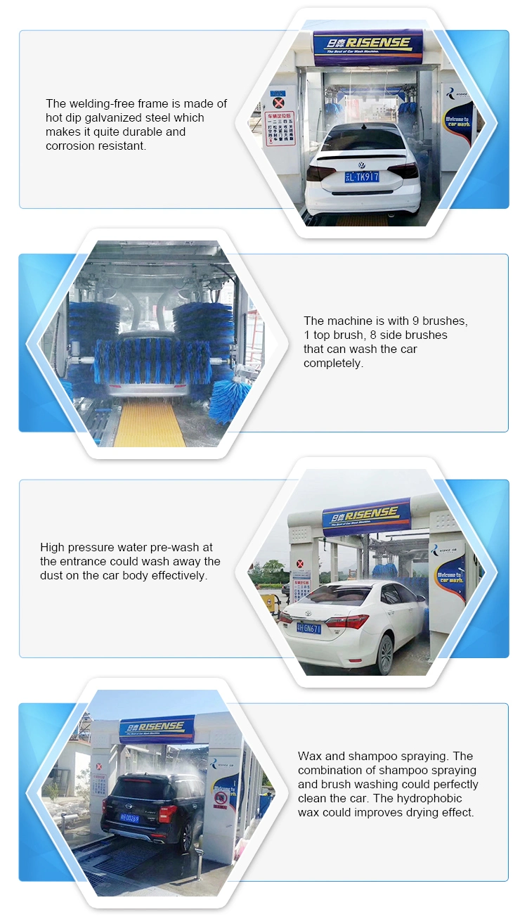 Risense drive through conveyor blet car wash tunnel system full automatic with air dryer and 9 brushes