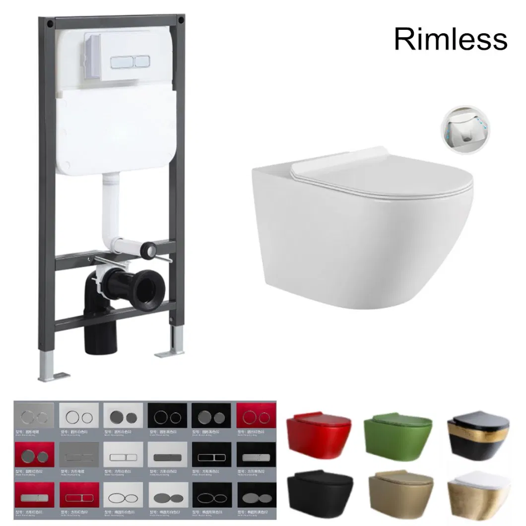 ISO Manufacturer Rimless Flush P-Trap Wall Hung Toilet HDPE Plastic Hidden Water Tank with Color Flush Button