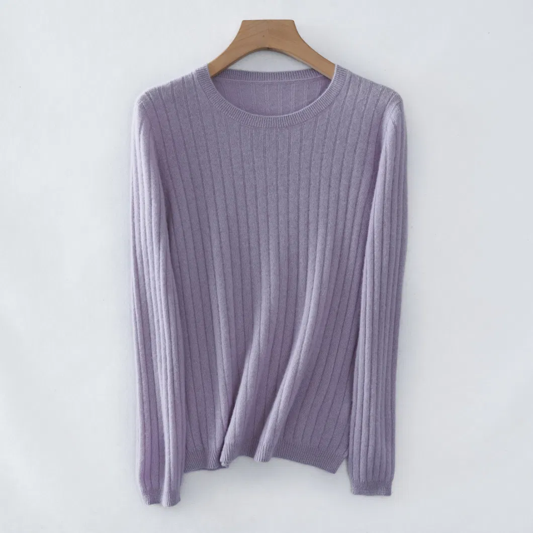 Women Autumn Winter Wide Ribbed Classic Round Neck Wool Cashmere Pullover Sweater