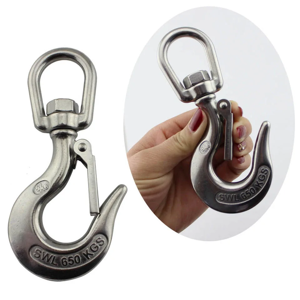 Marine Hardware 304 Stainless Steel Swivel Eye Slip Hook Safety Latch Lifting Hoisting Crane Chain Hook