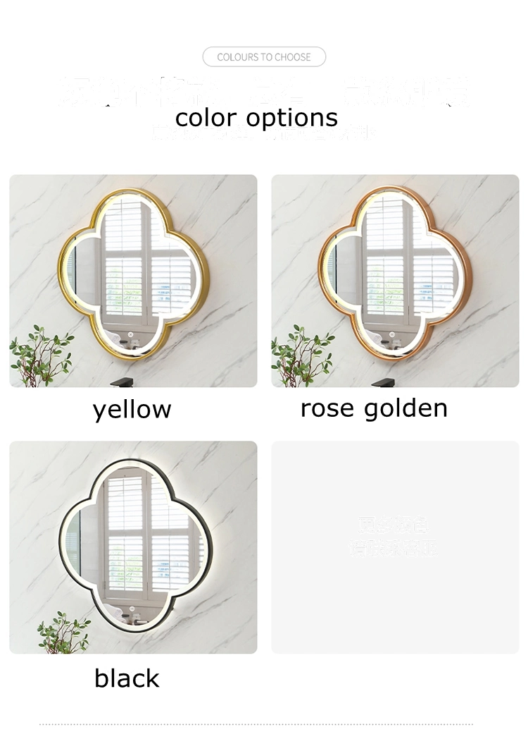 Golden Metal Frame Irregualr Flower Design LED Smart Decorative Wall Bathroom Mirror