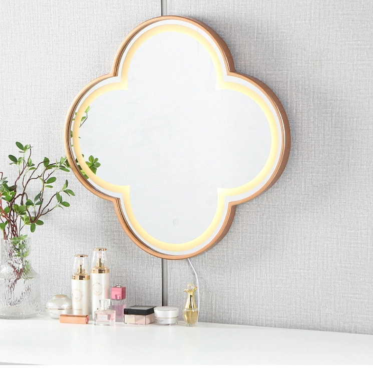 Golden Metal Frame Irregualr Flower Design LED Smart Decorative Wall Bathroom Mirror