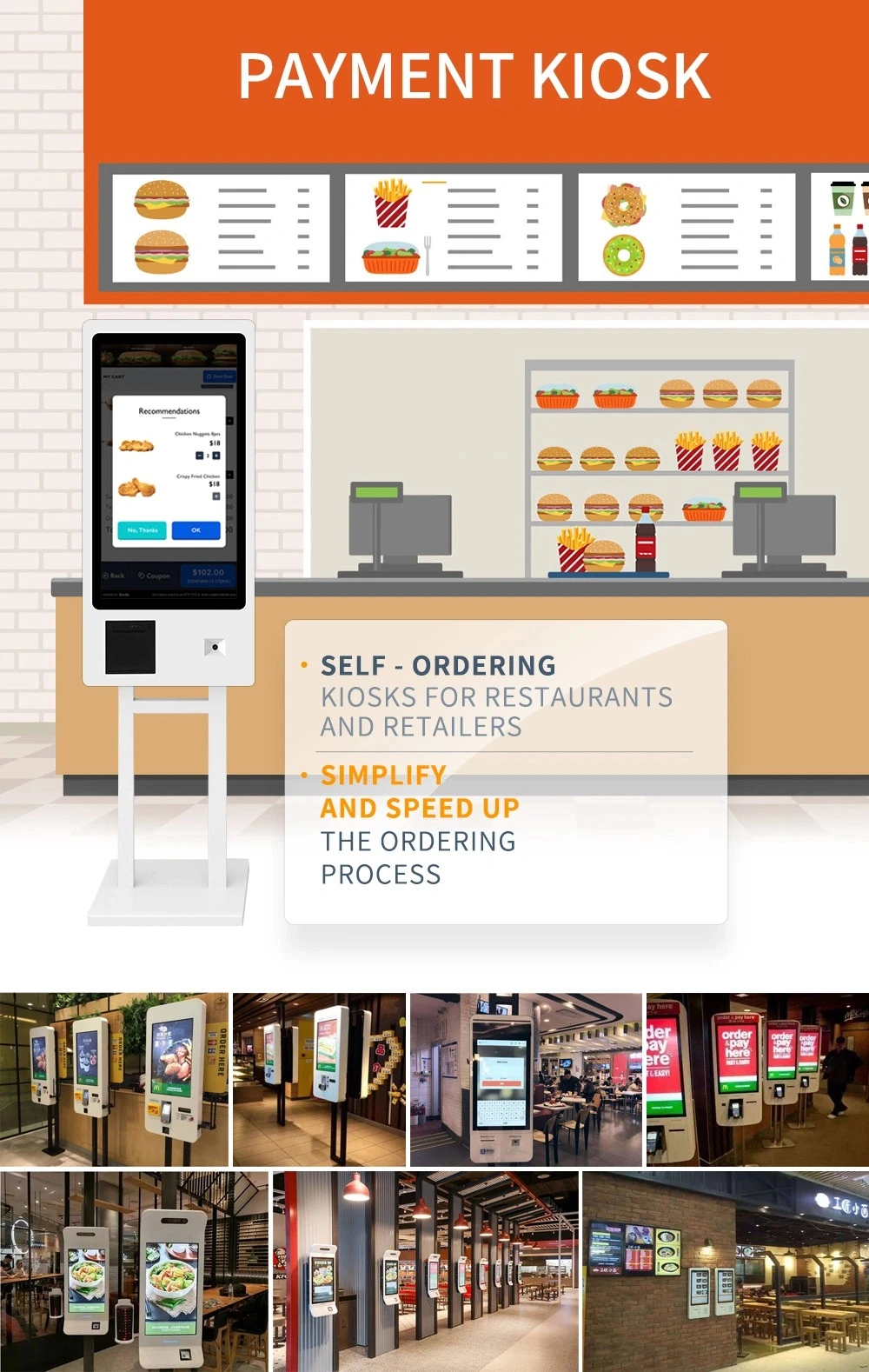 Selfcheck Self Serving Shop Drive Thru Ordering System Automatic Payment Kiosk with Thermal Printer