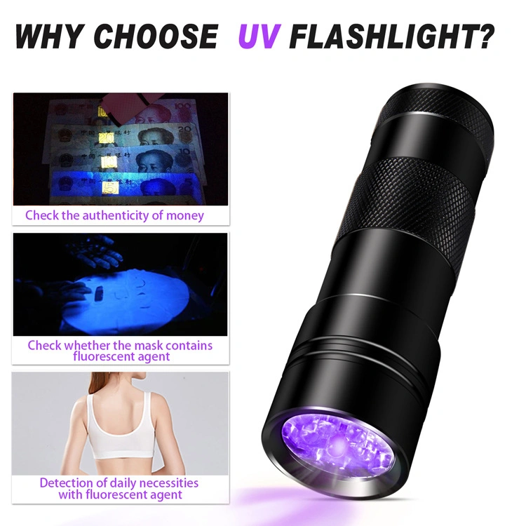UV Flashlight Black Light, 12 LED Blacklight Pet Urine Detector for Dog/Cat Urine, Banknote Detection Lamp 395 Fluorescent Agent Detection Mini Scorpion Lamp