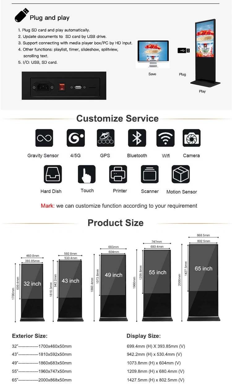 Floor Stand 43&prime;&prime;49&prime;&prime;55&prime;&prime; 65&quot; Indoor Vertical Digital Signage Totem WiFi Touch LCD Advertising Display