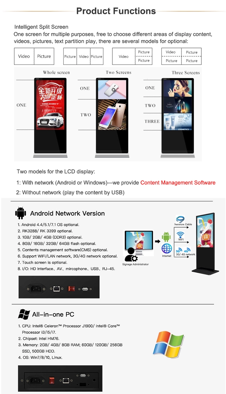 Floor Stand 43&prime;&prime;49&prime;&prime;55&prime;&prime; 65&quot; Indoor Vertical Digital Signage Totem WiFi Touch LCD Advertising Display