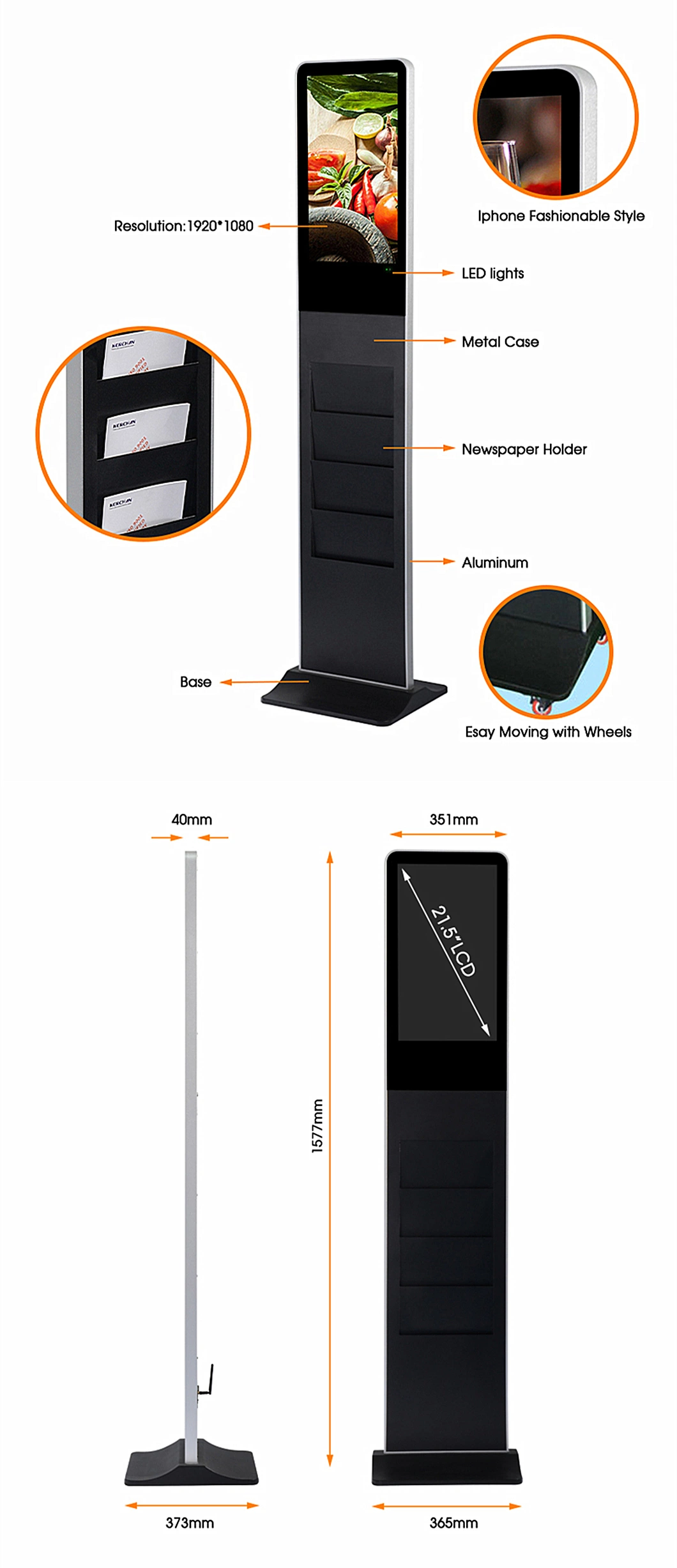 Bluetooth Ad Player 32 Inch Floor Standing Kiosk with Brochure Holder Advertising Bike High Quality LED Advertising Player