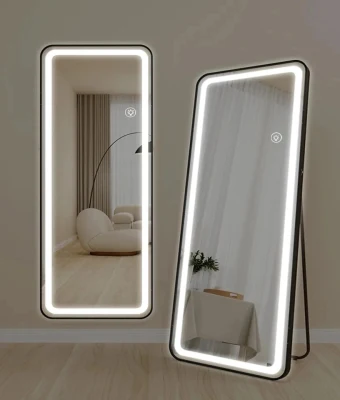  Moderno specchio a tutta lunghezza in lega di alluminio ad arco con supporto e LED