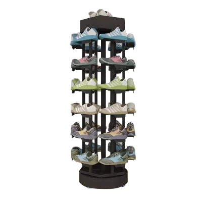 Rack a pattini rotanti 360 economico rack con supporto da pavimento personalizzato Supporto per display rotante retail multistrato in metallo per dispositivi di fissaggio per la rotazione delle scarpe