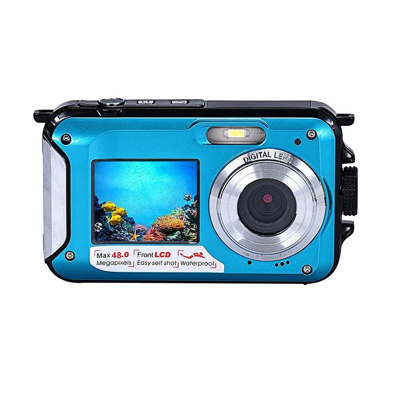 HD368 Waterproof Digital Camera Full HD 2.7K 48MP 16X Underwater Camera with Dual Screen - Blue