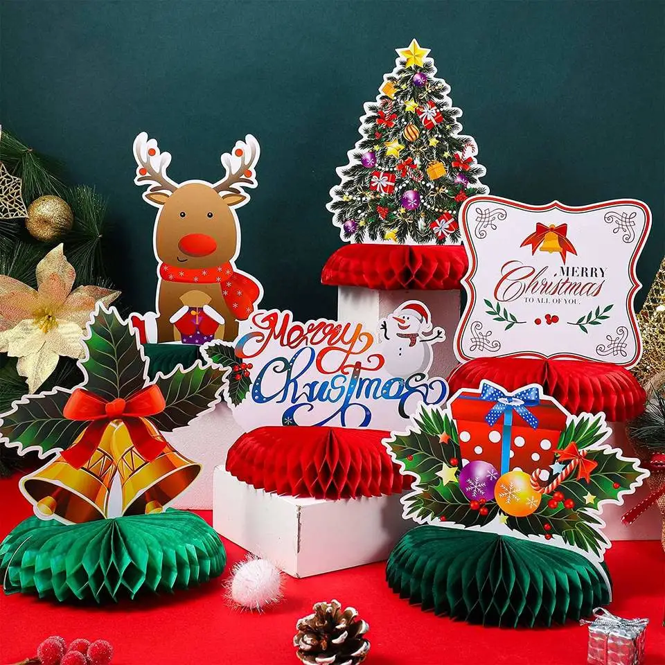 6 PCS Printing Christmas Elements Stand Paper Honeycomb Centerpiece for Table Decoration