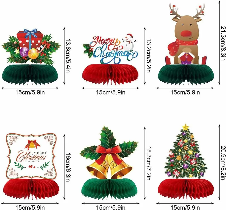 6 PCS Printing Christmas Elements Stand Paper Honeycomb Centerpiece for Table Decoration