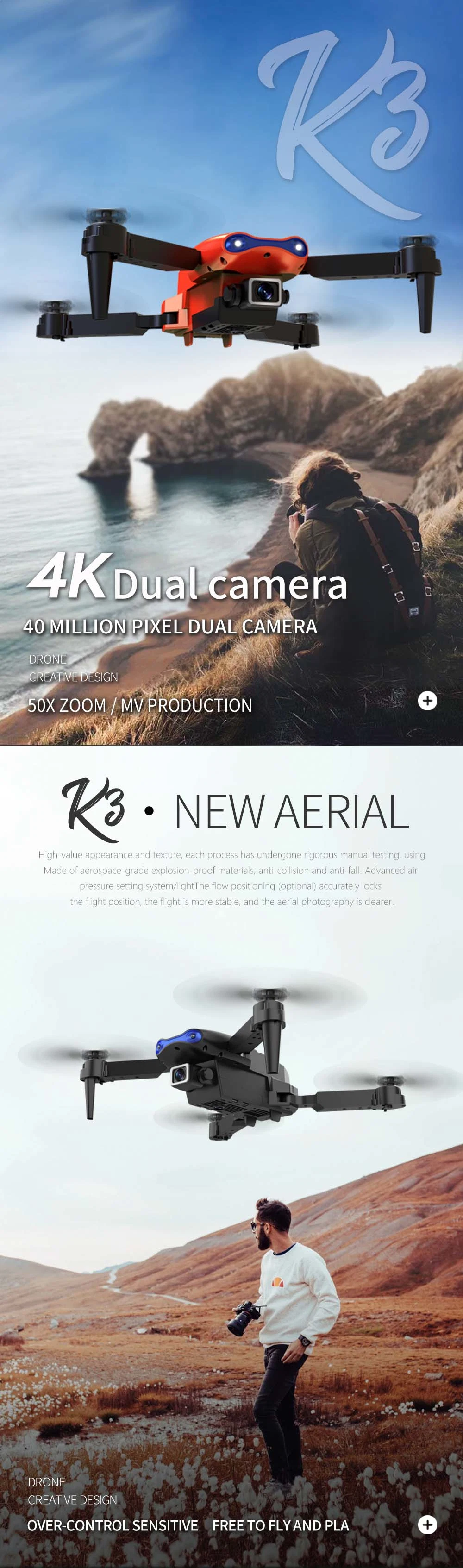 K3 4K HD Visual Position Follow Me Drone with Camera