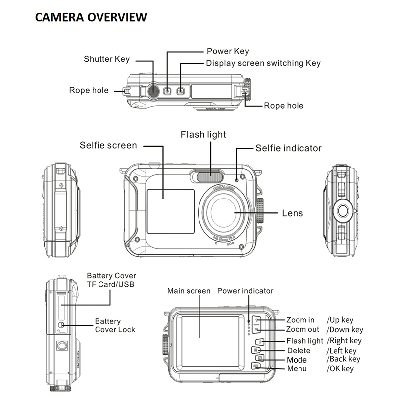 HD368 Waterproof Digital Camera Full HD 2.7K 48MP 16X Underwater Camera with Dual Screen - Blue